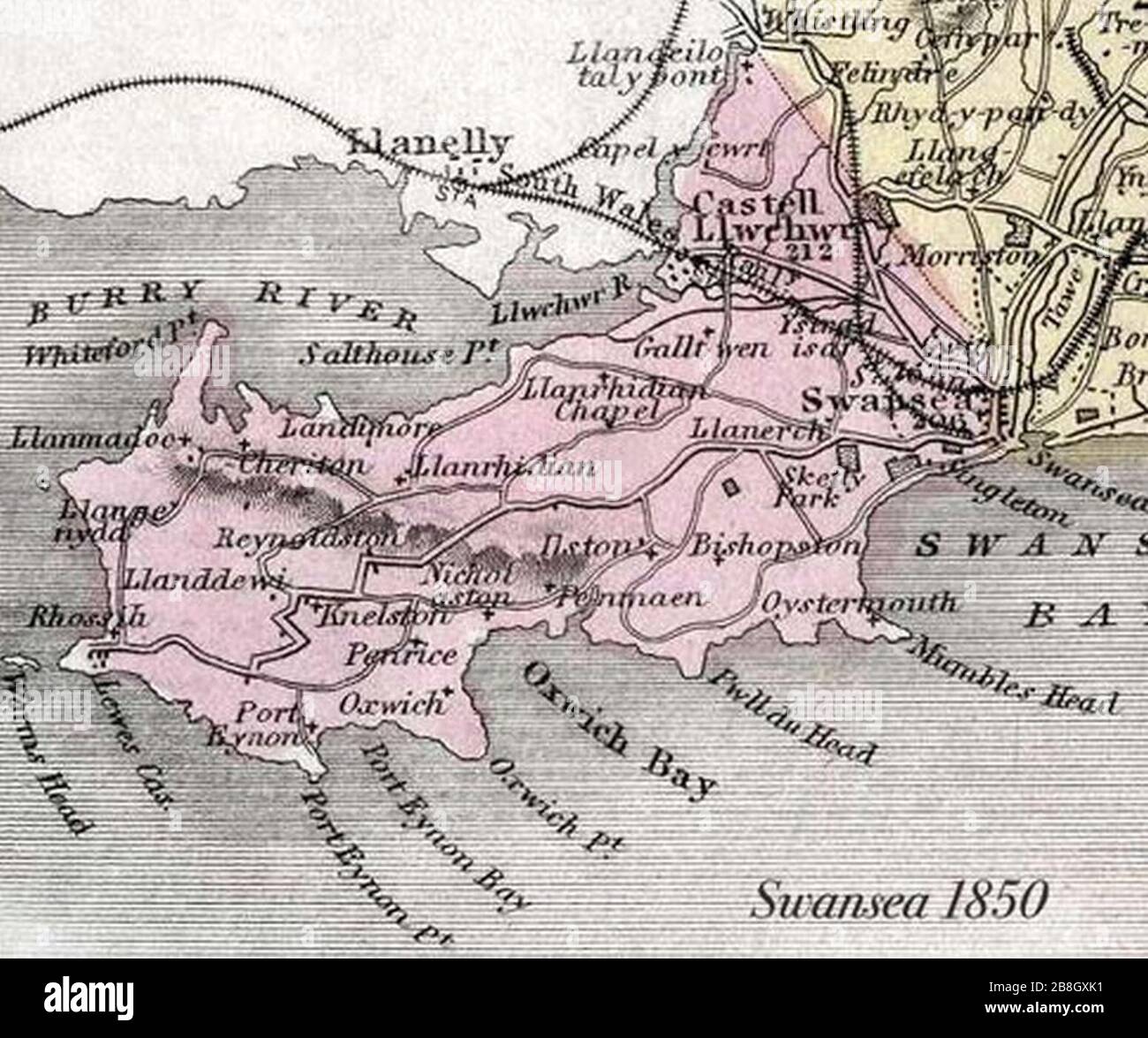 Gower Peninsula 1850 map. Stock Photo