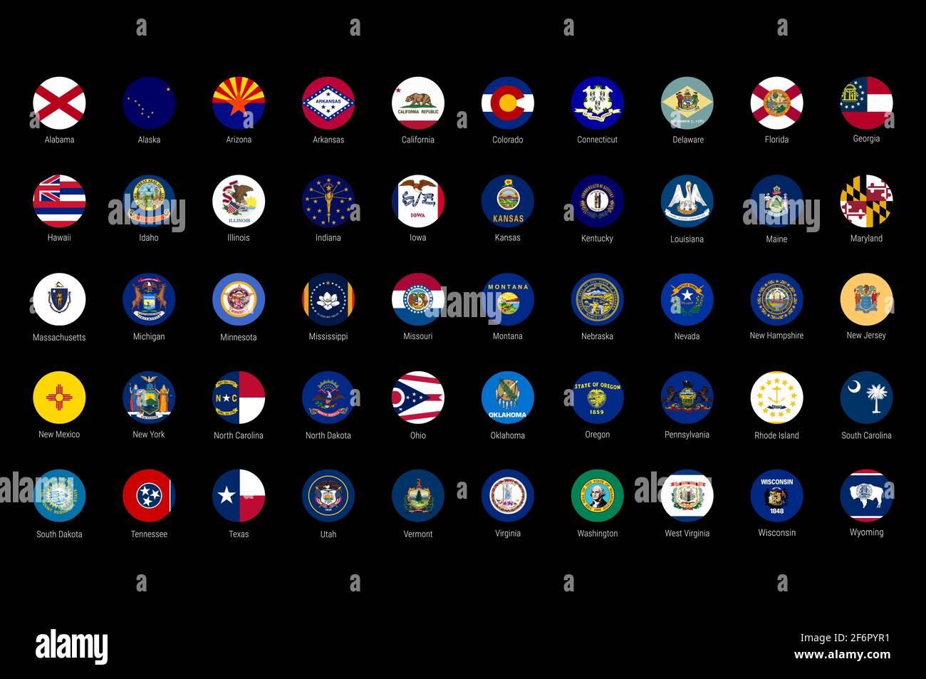 USA American states all flags in alphabetical order. All 50 US states flags set. Round circle flag buttons with all the states names. Stock Photo