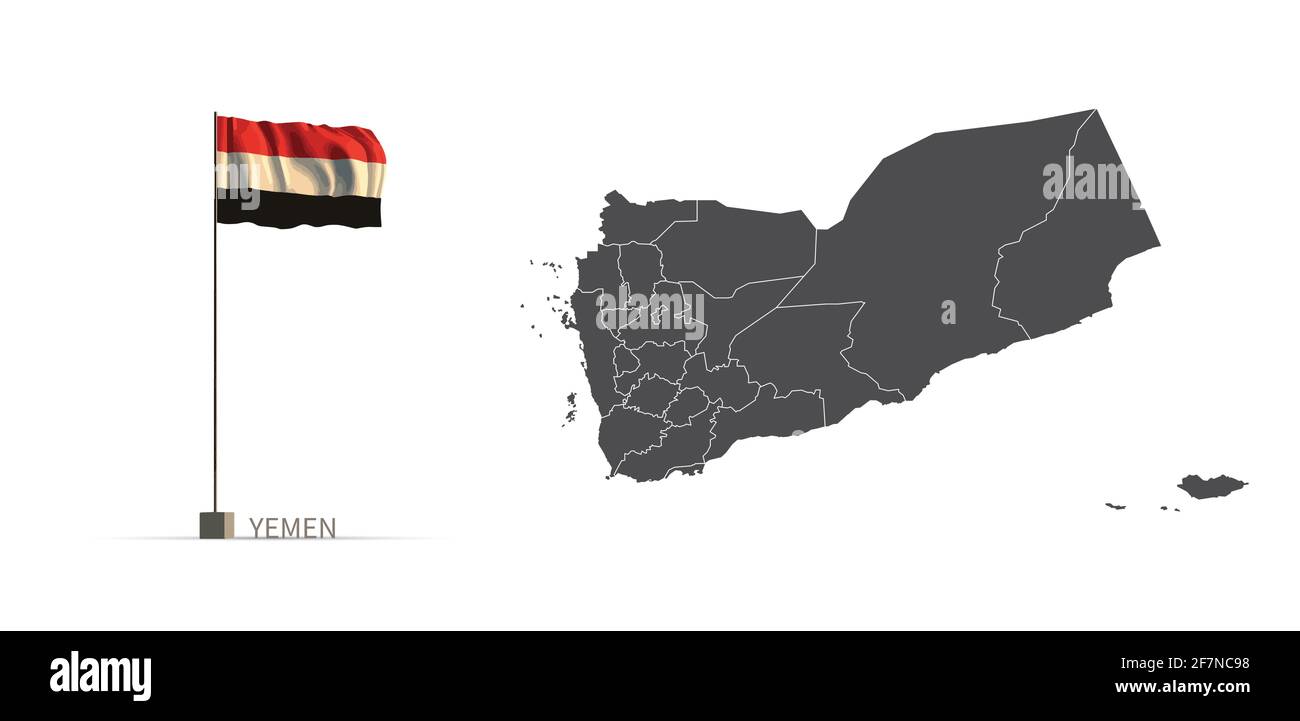 Yemen map. gray country map and flag 3d illustration vector. Stock Vector