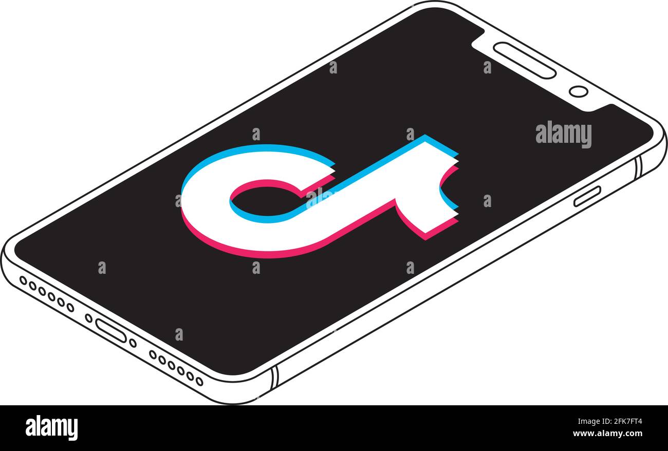 Tiktok logo on iphone X display isometric outline vector illustration Stock Vector