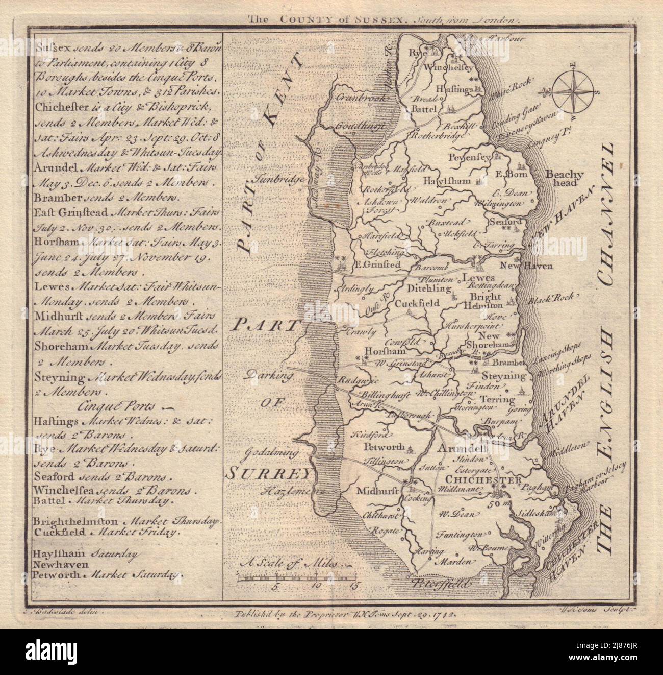 Antique county map of Sussex by Badeslade & Toms. East orientation 1742 Stock Photo