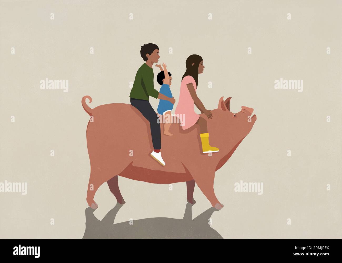 Father and kids riding pig Stock Photo