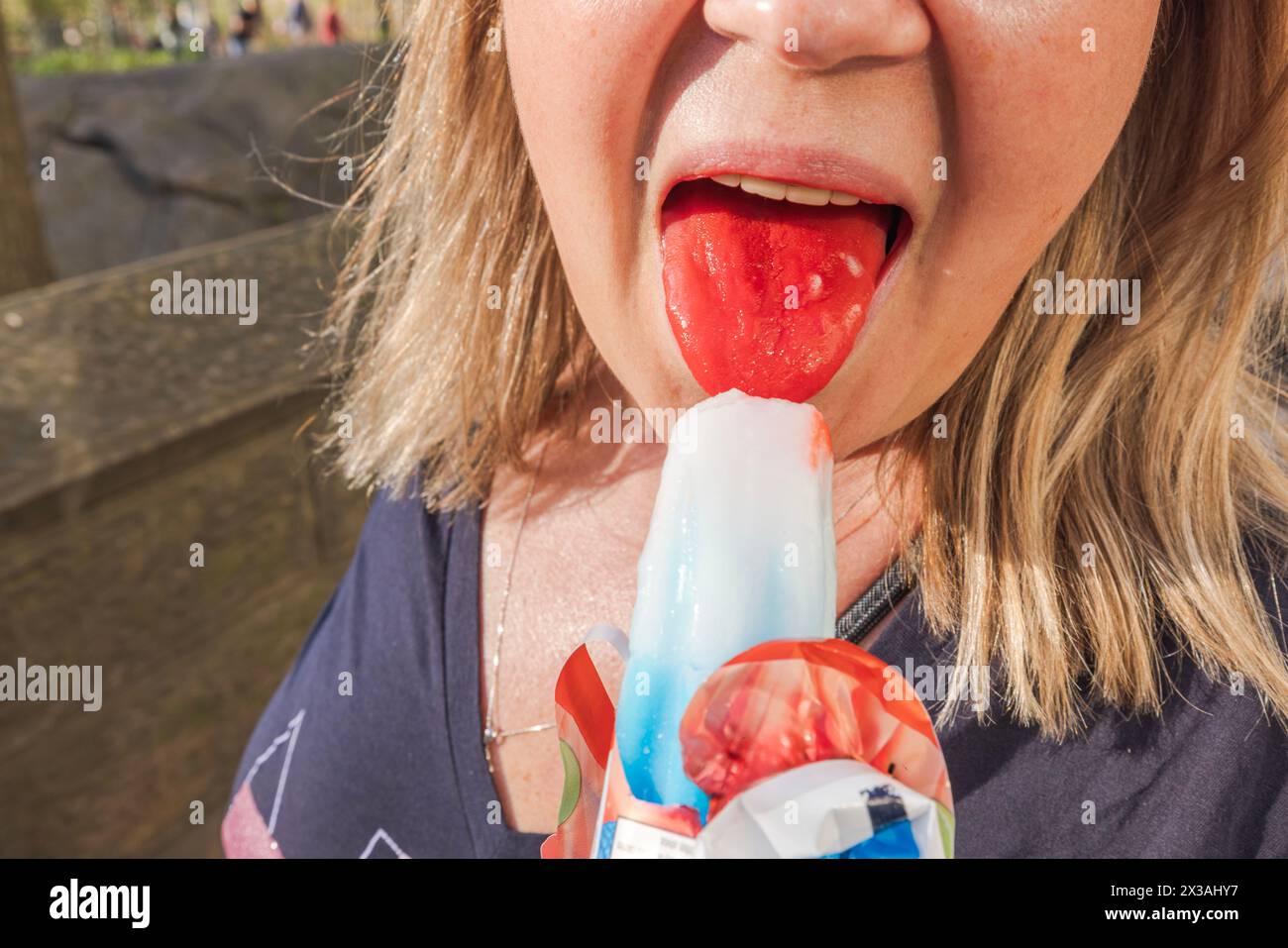 Close-up view of a woman enjoying a red, white, and blue ice pop, with a focus on the tongue dyed red by the treat. USA. Stock Photo