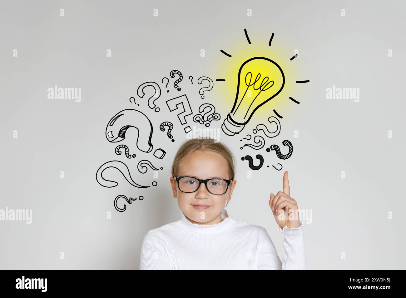 Clever child girl with light bulb and question marks on white background. Brainstorming and idea concept Stock Photo