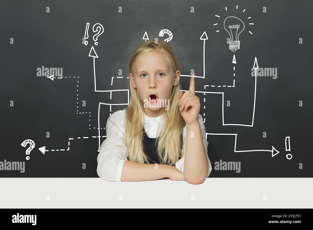 Creativity, education and idea concept. Emotional child girl student with algorithm, light bulb and question marks on school blackboard background. Stock Photo