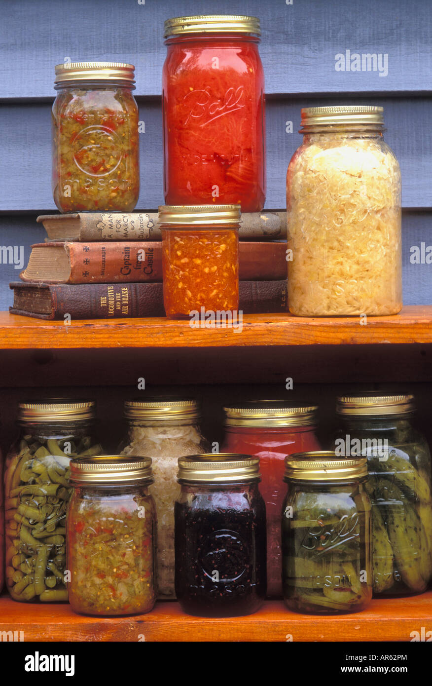 Canned Goods on Shelves Stock Photo