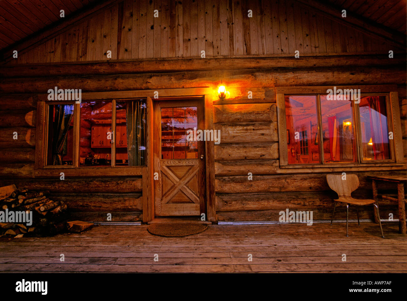 Front of log cabin Stock Photo