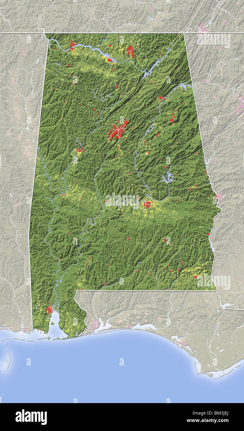 Alabama, shaded relief map. Stock Photo