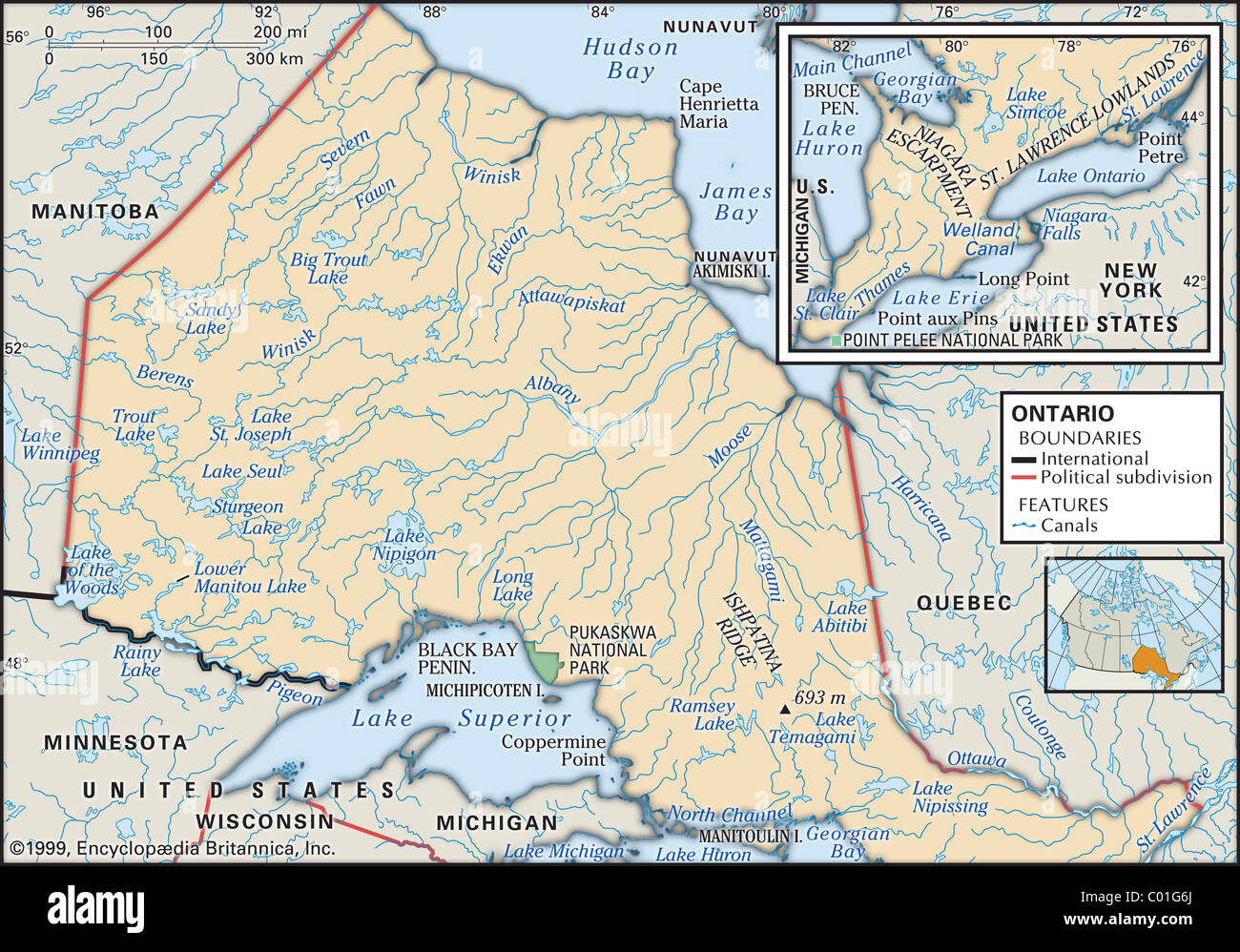 Physical map of Ontario Stock Photo