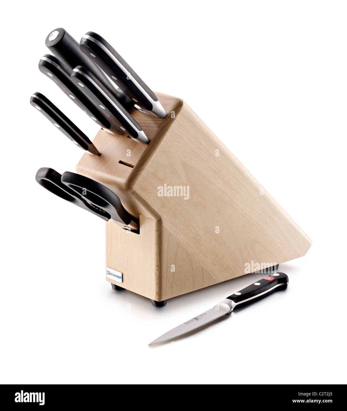 wooden knife block and knives Stock Photo