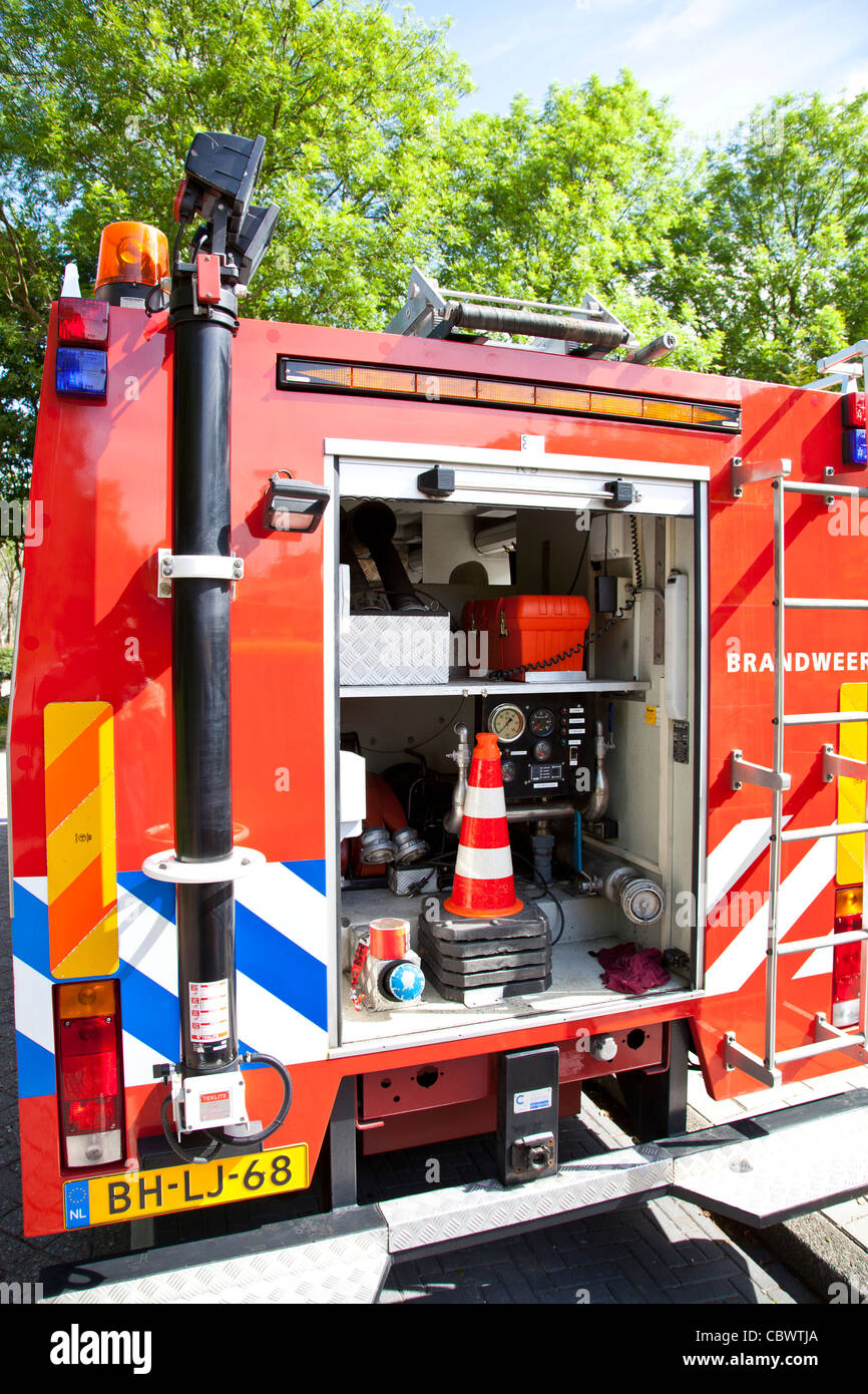 Back side of a red fire engine Stock Photo