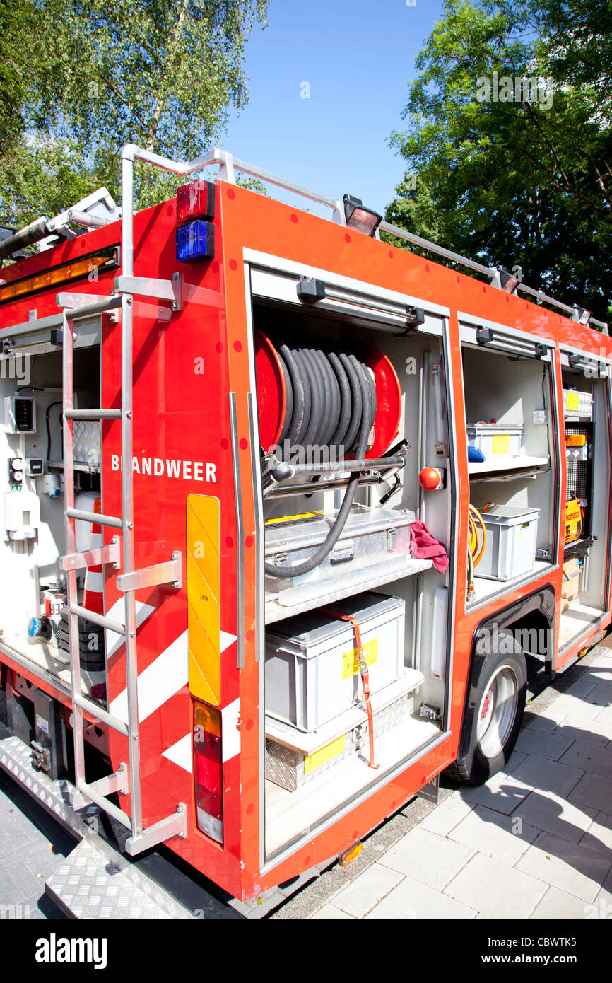 Back side of a red fire engine Stock Photo