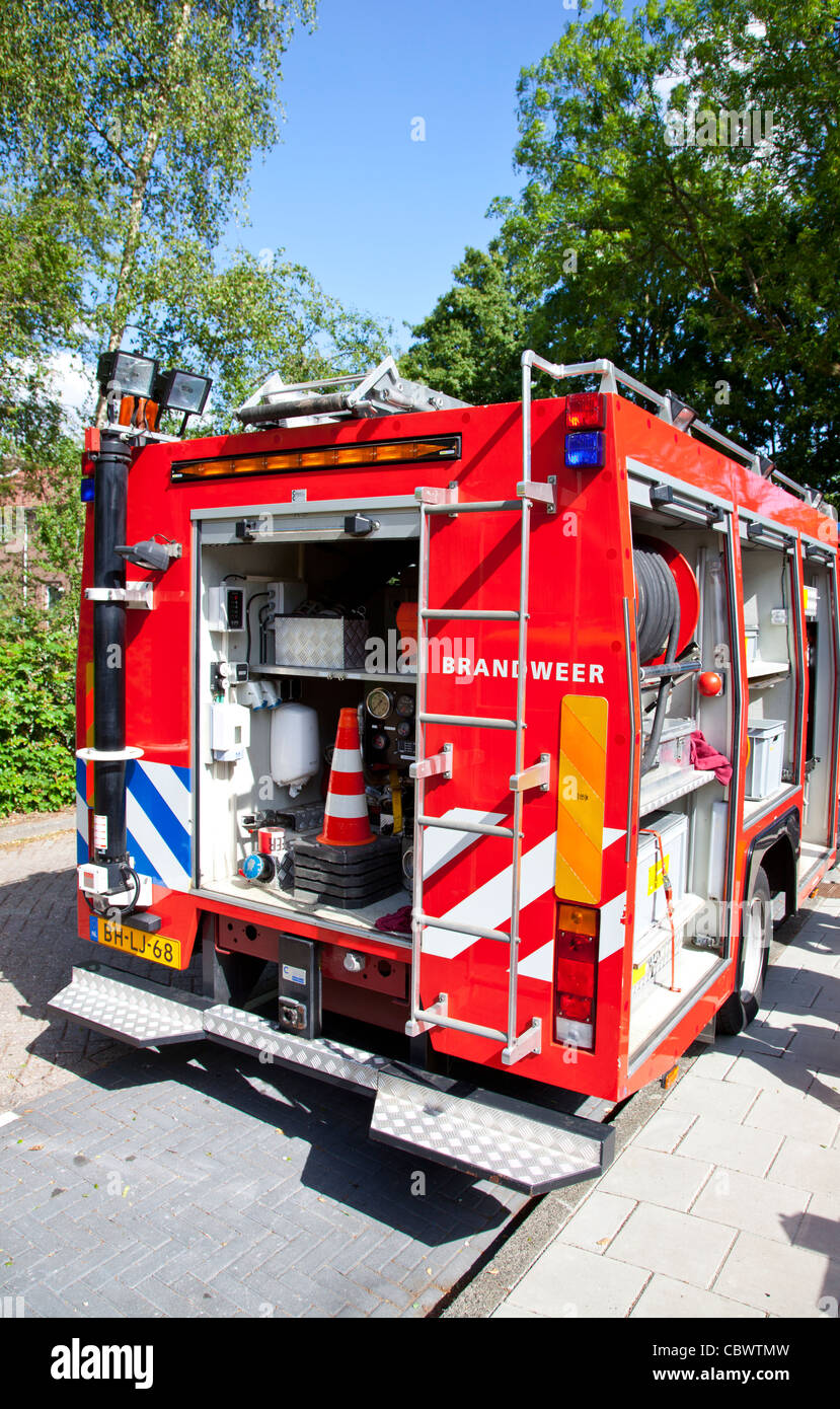 Back side of a red fire engine Stock Photo