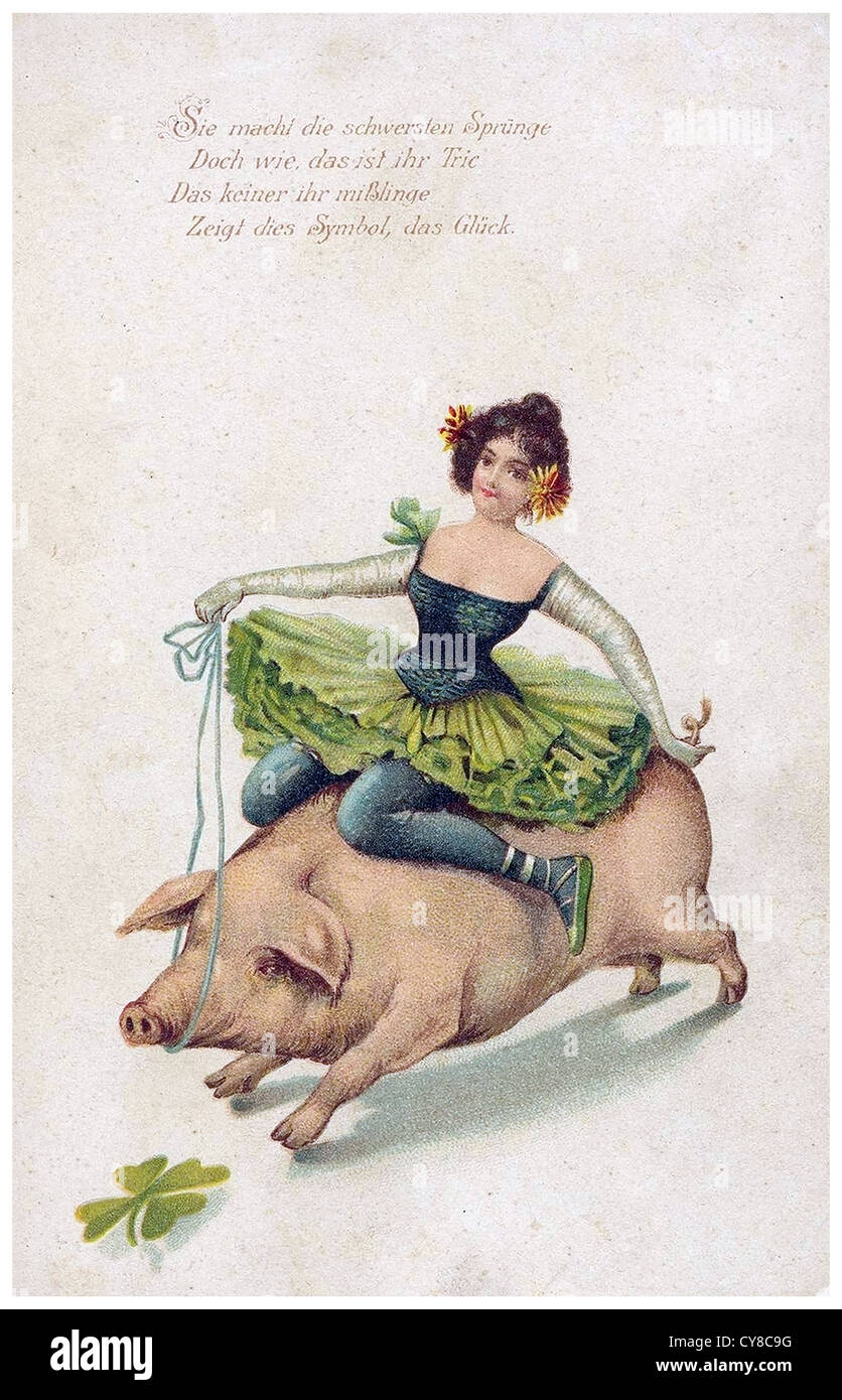 Woman riding on a pig Stock Photo