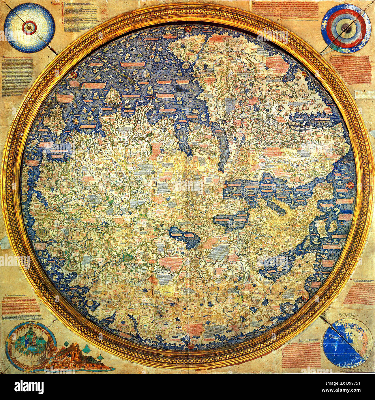 Fra Mauro map (1460). The Fra Mauro Map orientation (South at the top).is considered the greatest memorial of medieval cartography. by the Venetian monk Fra Mauro. It is a circular planisphere drawn on parchment and set in a wooden frame, about two meters in diameter Stock Photo