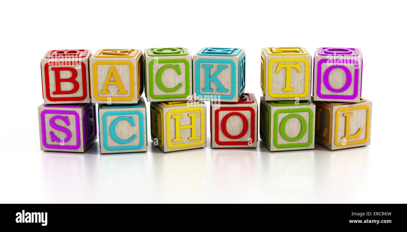 Back to school text with toy blocks isolated on white. Stock Photo