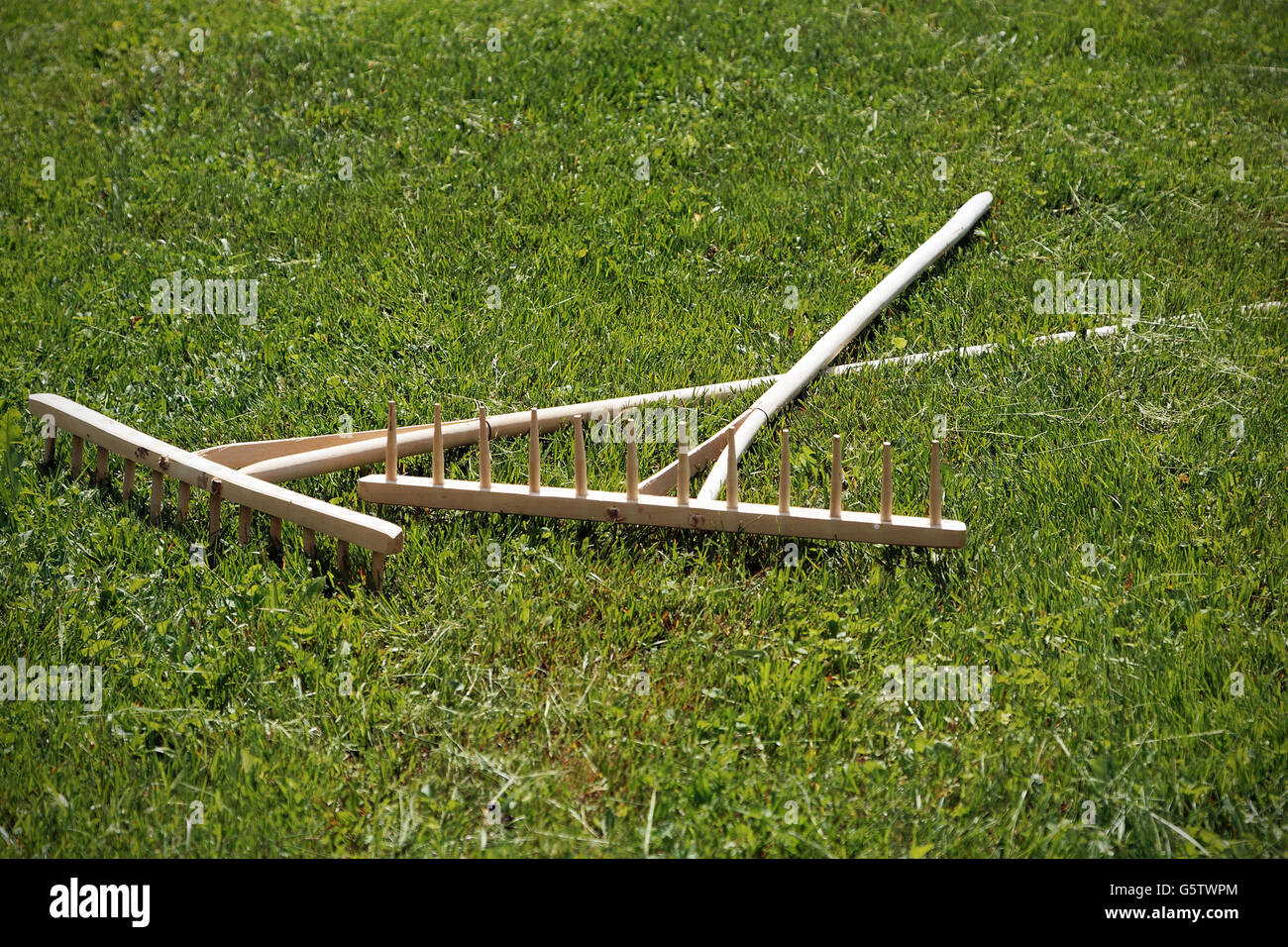 Retro Wooden Rake Handmade Stock Photo