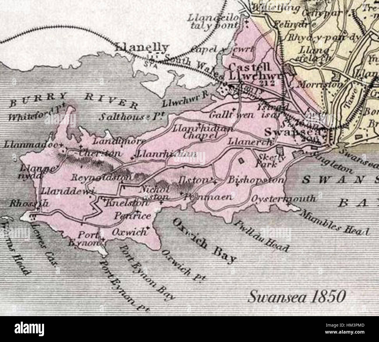 Gower Peninsula 1850 map Stock Photo