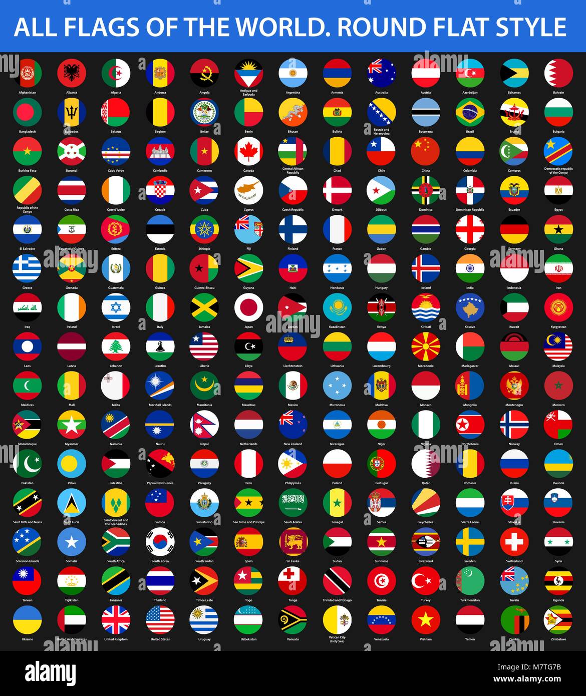 All flags of the world in alphabetical order. Round flat style Stock Vector