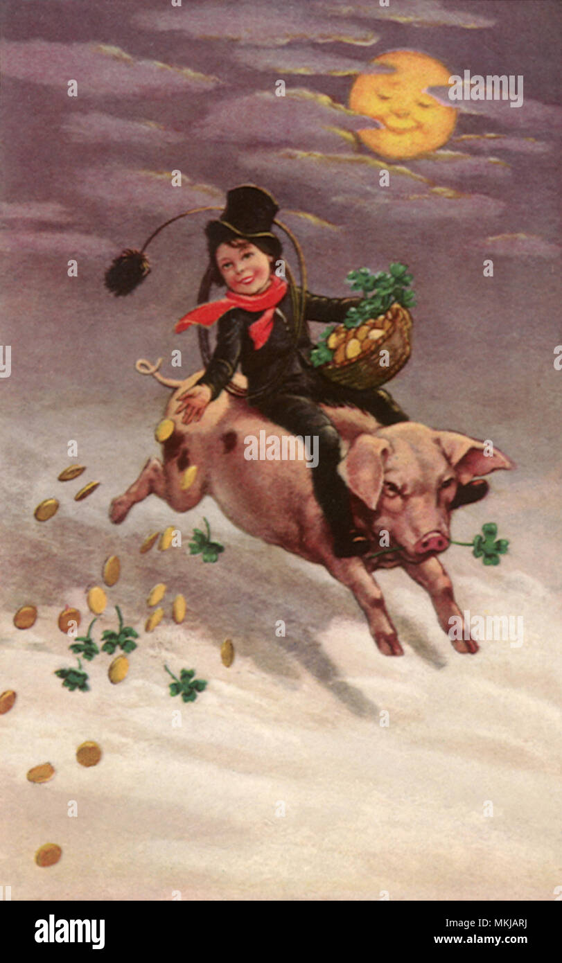 Coin-Tossing Boy and Pig Stock Photo