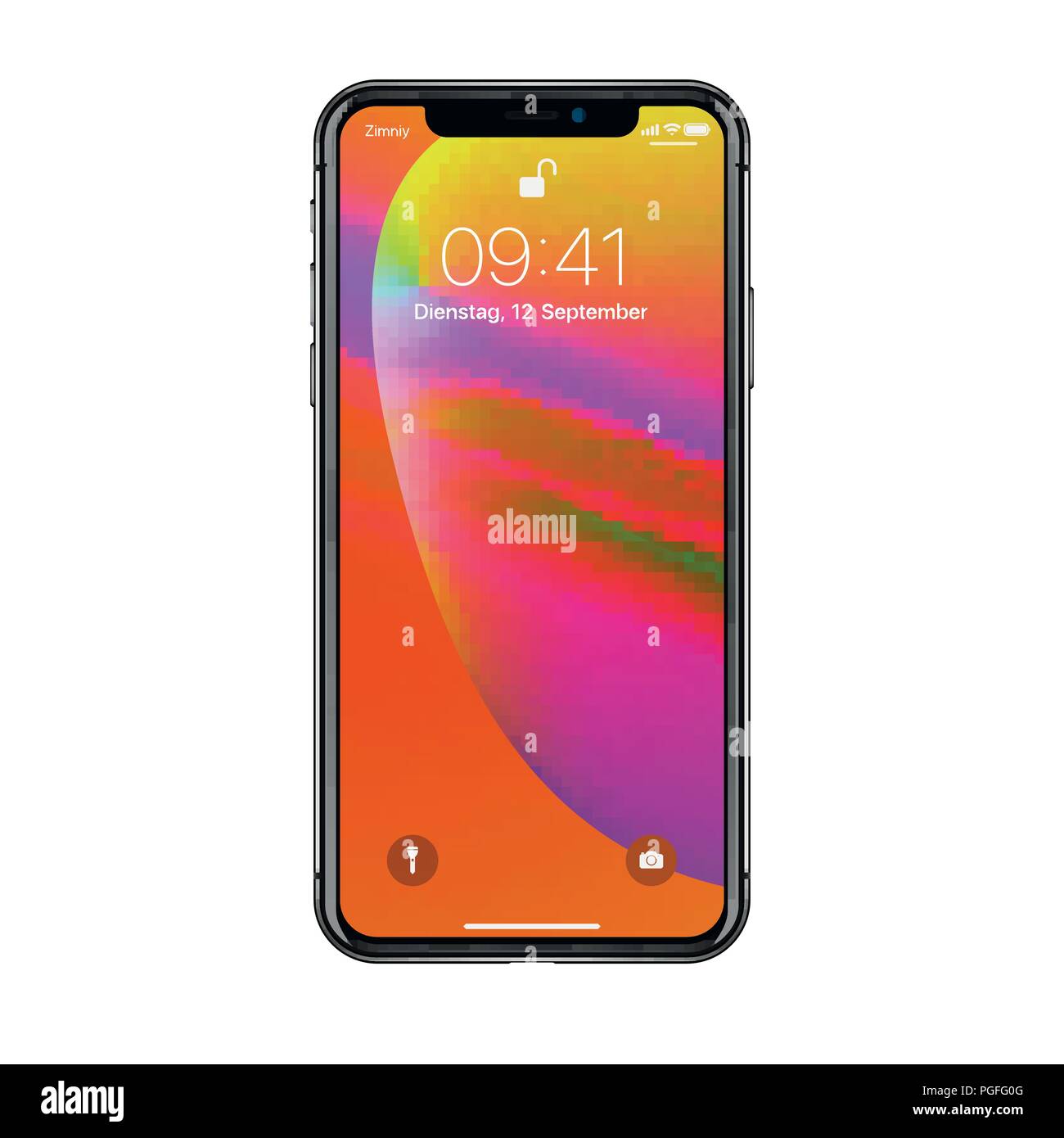 New York, USA - August 22, 2018: Stock vector illustration realistic new Apple iPhone X 10. Frameless full screen mockup mock-up smartphone isolated on white background. iOS 12 Stock Vector