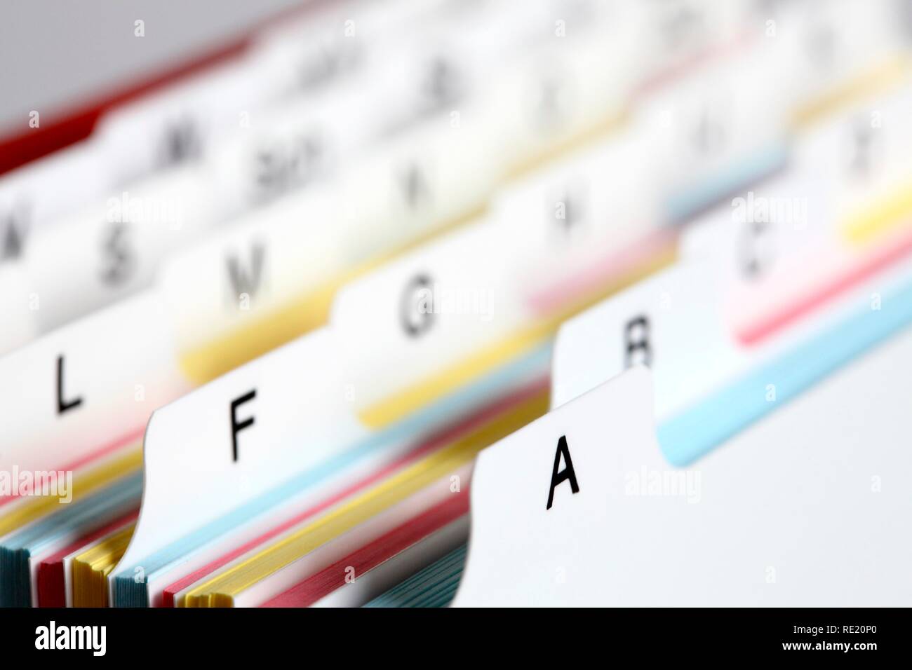 File box with index cards in alphabetical order Stock Photo