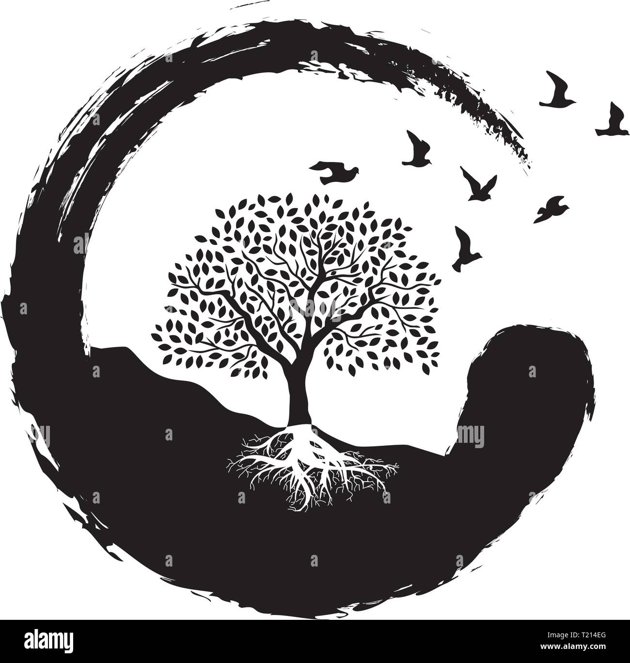 tree, birds and zen symbol Stock Vector