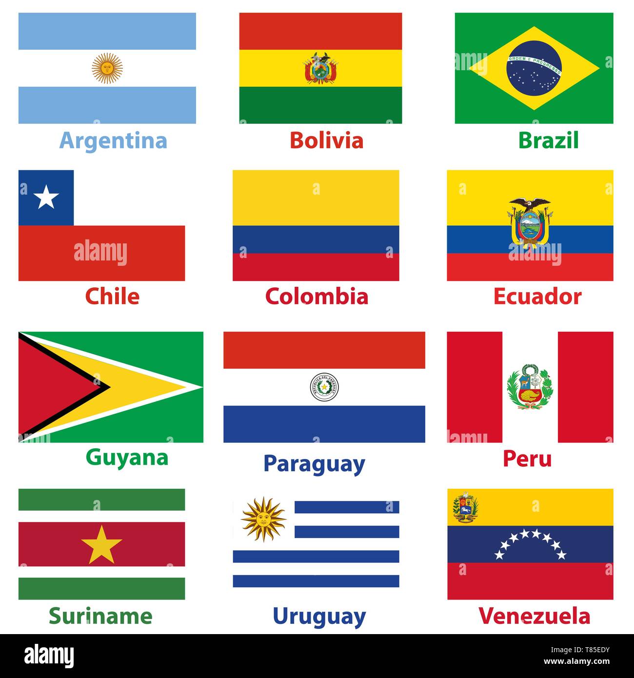 Flags of the 12 independent countries of South America in alphabetical order Stock Vector