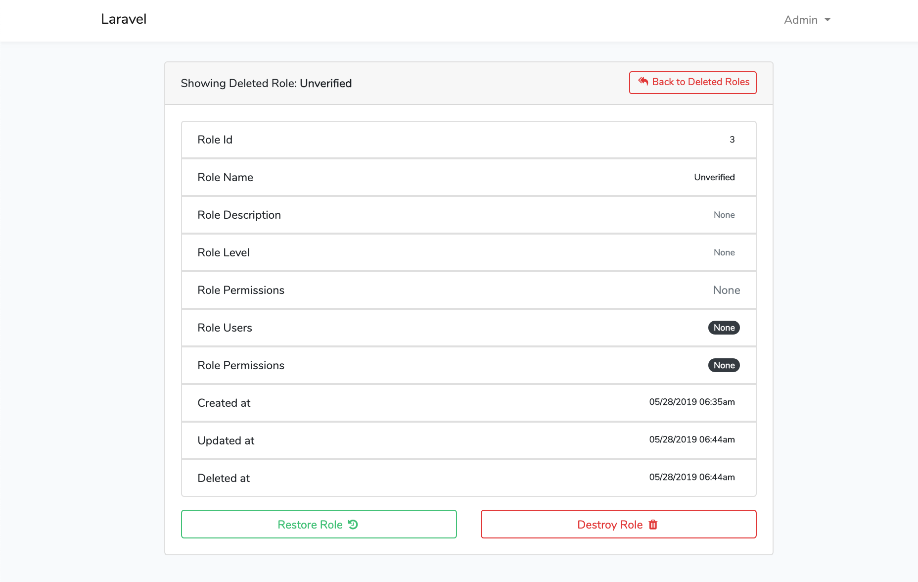 Laravel Roles GUI Deleted Role Show