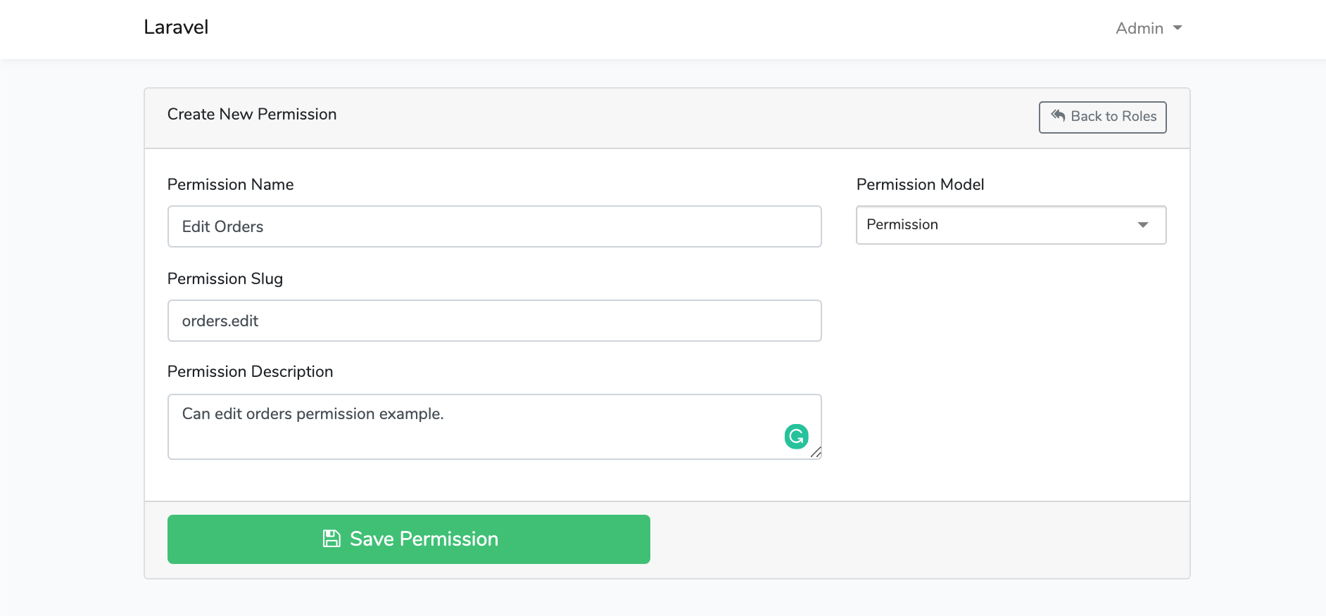 Laravel Roles GUI Create New Permission