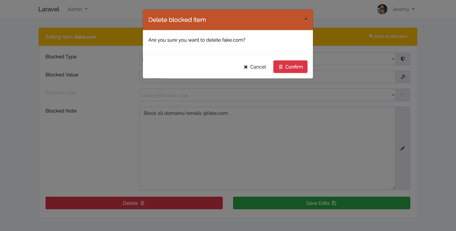 Laravel Blocker Delete Modal