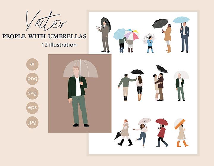 People with Umbrellas - Download Vector Drawing