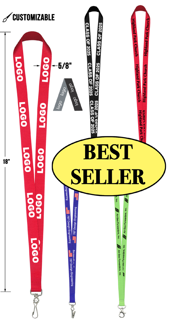 5/8" Best Selling Custom Logo Lanyard - Front Side 1 Color Print - Free Setup, Proof & Shipping - Multiple colors & Hardware Options