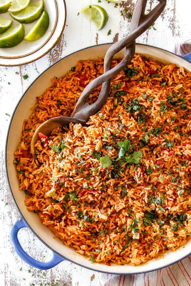 Top view of easy Mexican Rice in a blue skillet