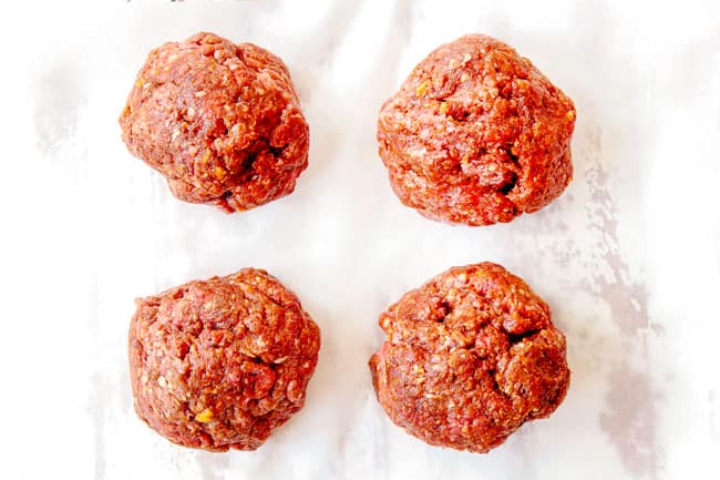 showing how to make best burgers by dividing beef into 4 sections and forming into balls on parchment paper