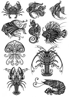 Ornament Sea Amimals Vectors Set Free Vector