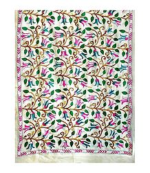 Kantha Embroidery on Off-White Tussar Silk Dupatta