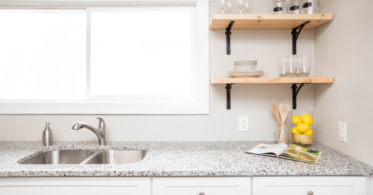 Kitchen with floating shelves.