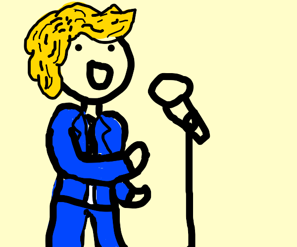 Man in a blue suit on mic singing