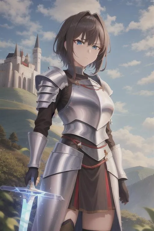 Prompt: Female Warior standing on the hill, Casle in background, holding a Silver Sword, in Steal Plate Armor, short dark brown hair, angry face, blue eyes, red dragon fire-breathing