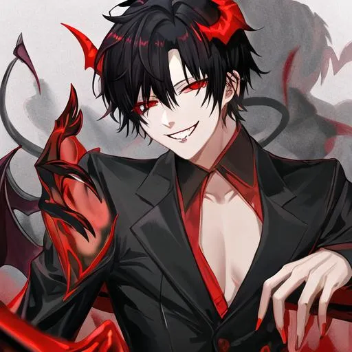 Prompt: Damien as a demon (male, short black hair, red eyes) grinning seductively