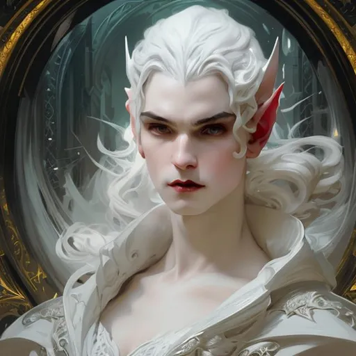 Prompt: Splash art portrait of male vampire king, elf, white short haired man with short wavy white hair, victorian dark clothes, elegant, highly detailed, intricate, smooth, sharp focus, artstation, digital painting, concept art, art by greg rutkowski, alphonse mucha and John William Waterhouse