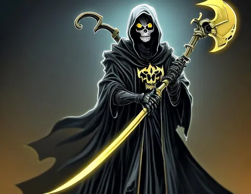 Prompt: Black and gold grim reaper holding a gun in one hand and a scythe in the other hand