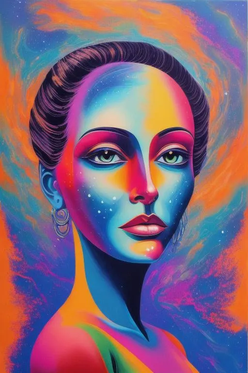 Prompt: Surreal portrait of beautiful female, cosmic landscape background, acrylic on canvas in style of post modernism 