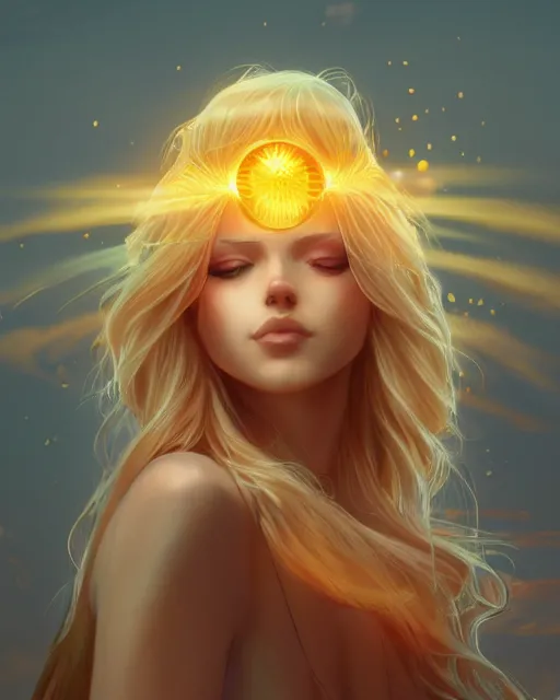 Image similar to a beautiful sun goddess, flowy yellow golden hair, golden eyes, sun, summer, cinematic lighting, highly detailed, digital painting, trending on artstation, pixiv, concept art, sharp focus, illustration, art by ross tran and wlop