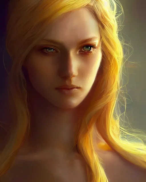 Image similar to a beautiful sun goddess, flowy yellow golden hair, golden eyes, sun, summer, cinematic lighting, highly detailed, digital painting, trending on artstation, pixiv, concept art, sharp focus, illustration, art by ross tran and wlop