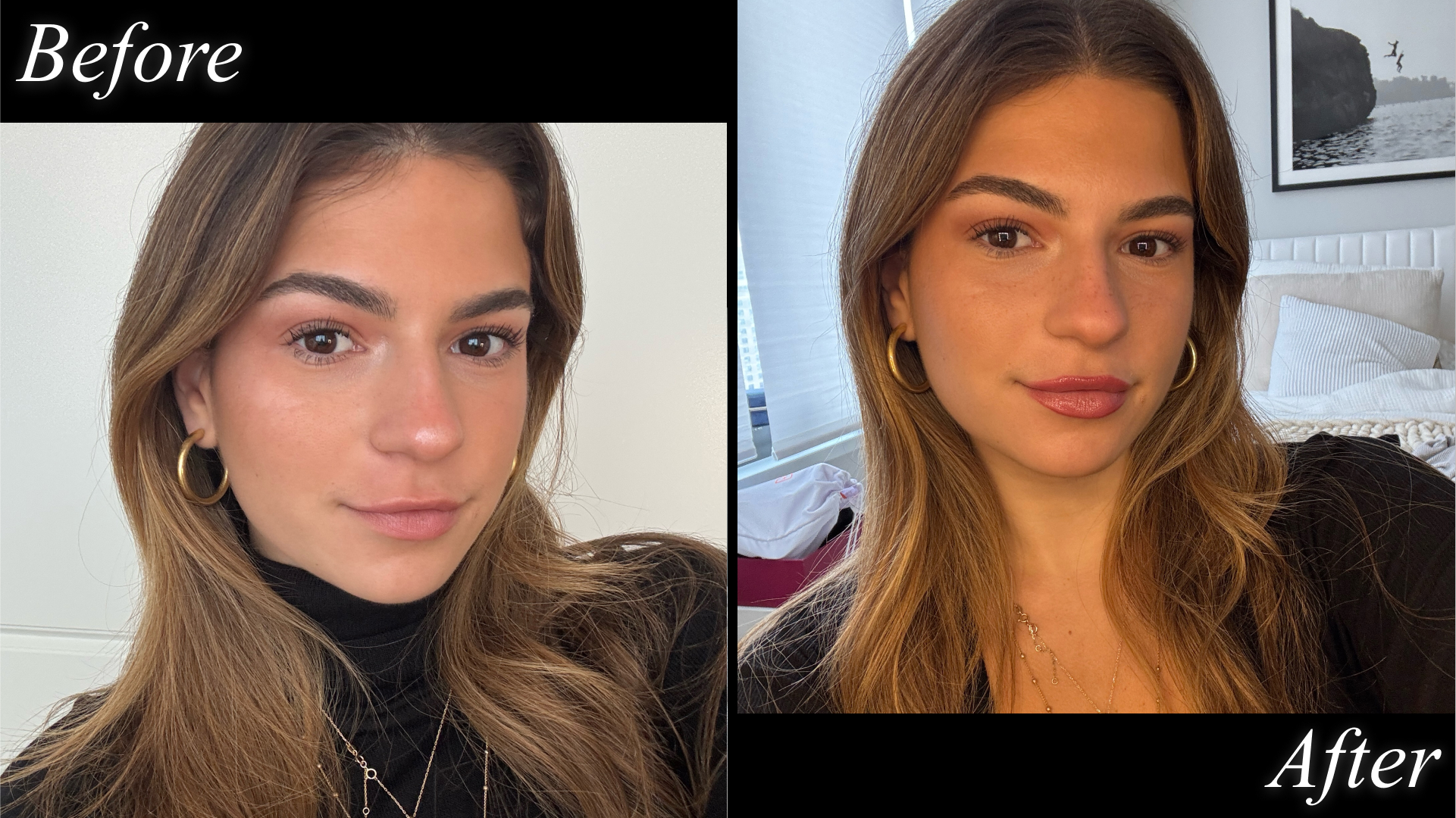 Photos of Emma Aerin Becker&#039;s hair before and after using JVN&#039;s Complete Leave-in Conditioning Mist.