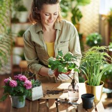 Happy woman tends to her new plants