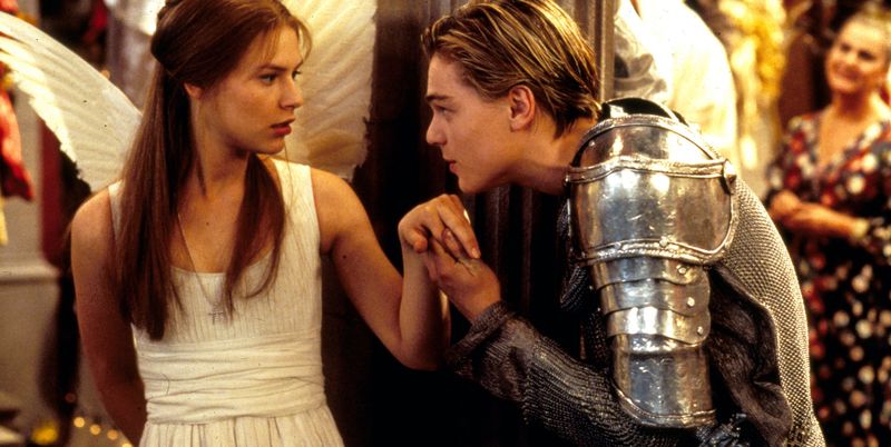claire danes and leonardo dicaprio in romeo + juliet at the party scene wearing angel wings and armor
