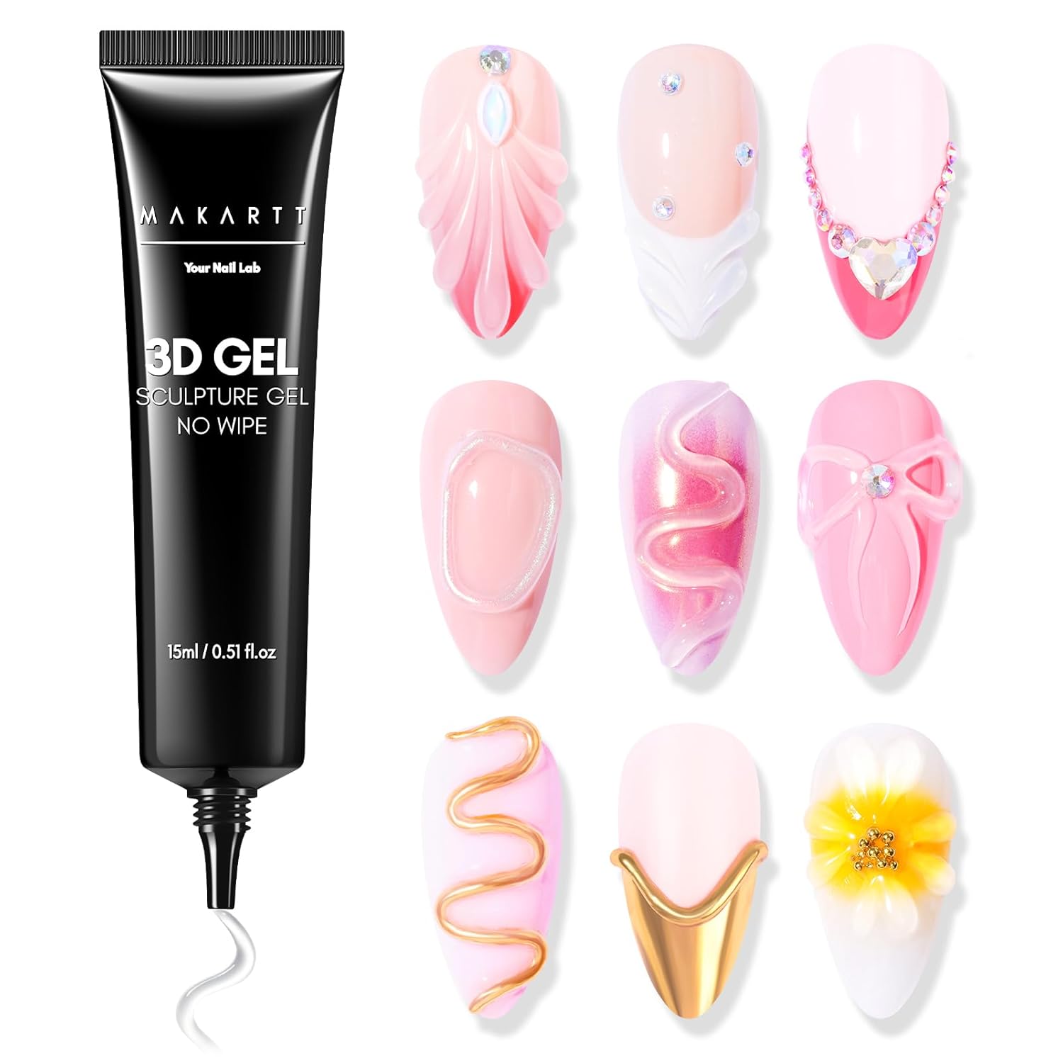 Makartt 3d Gel Nail Art, Sculpting Gel Glue for Drawing, Molding, Sculpture, Gems and Decoration, No Wipe Clear Gel Polish for Diy Nail Designs, 15g